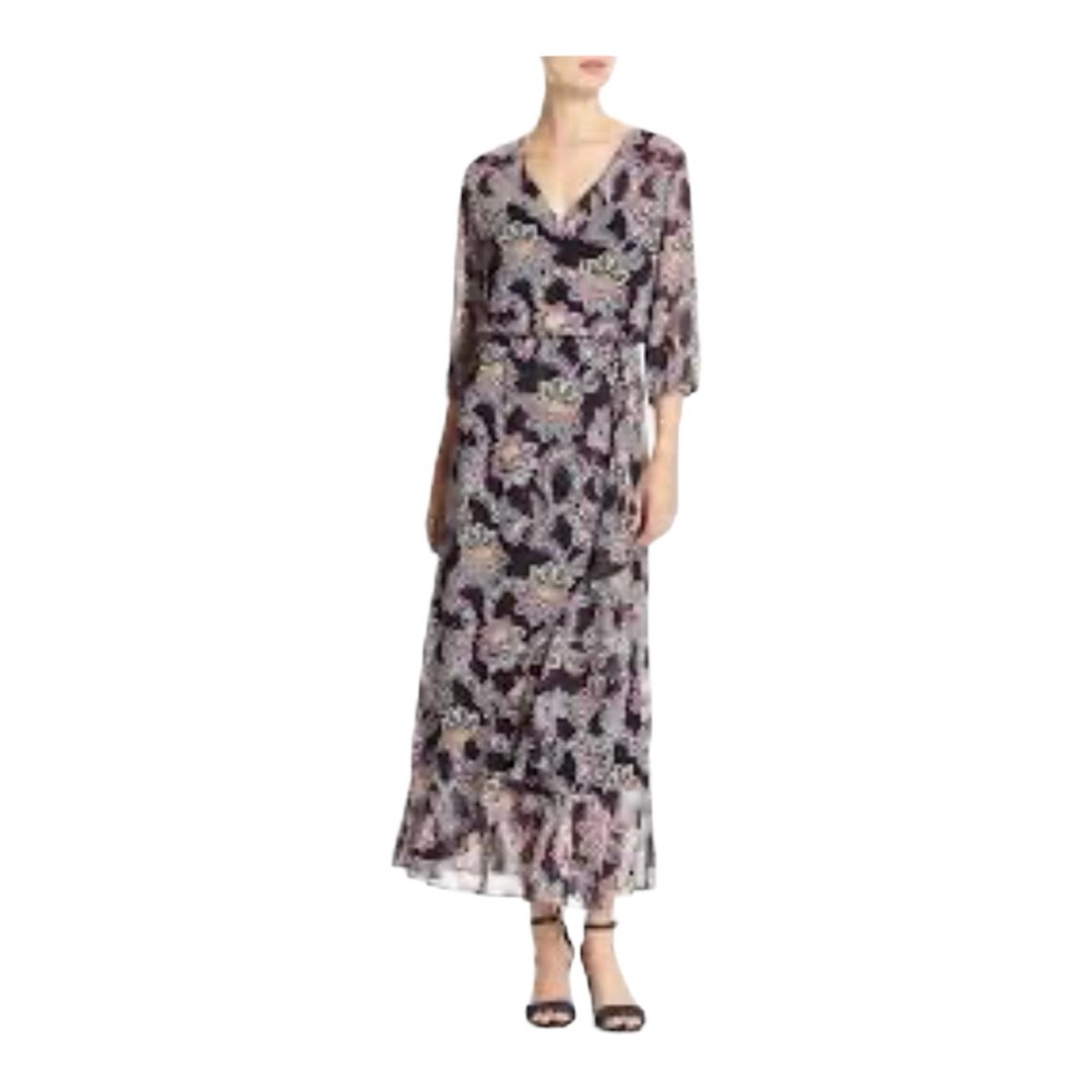 Banana Republic Black Floral Maxi Dress Wild Raisin Floral Ruffle Wrap Size 2